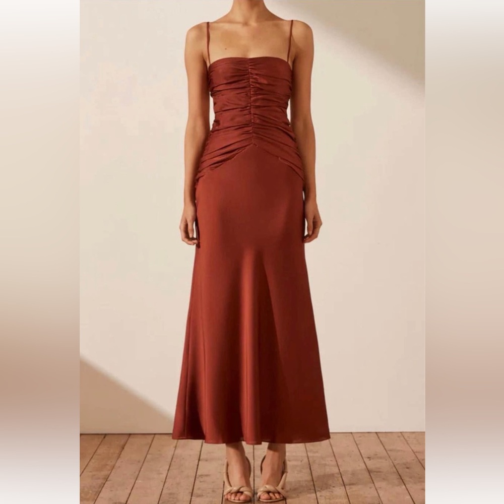 Shona Joy Luxe Ruched Midi Dress Sangria Satin Size 4 NWT Slip Wedding Guest